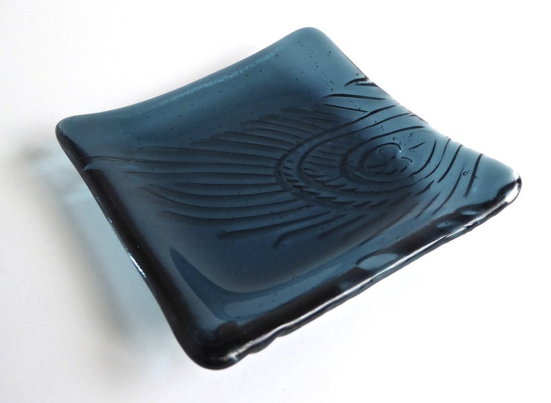 Sea Blue Fused Glass Peacock Feather Imprint Square Plate by BPRDesigns image 1