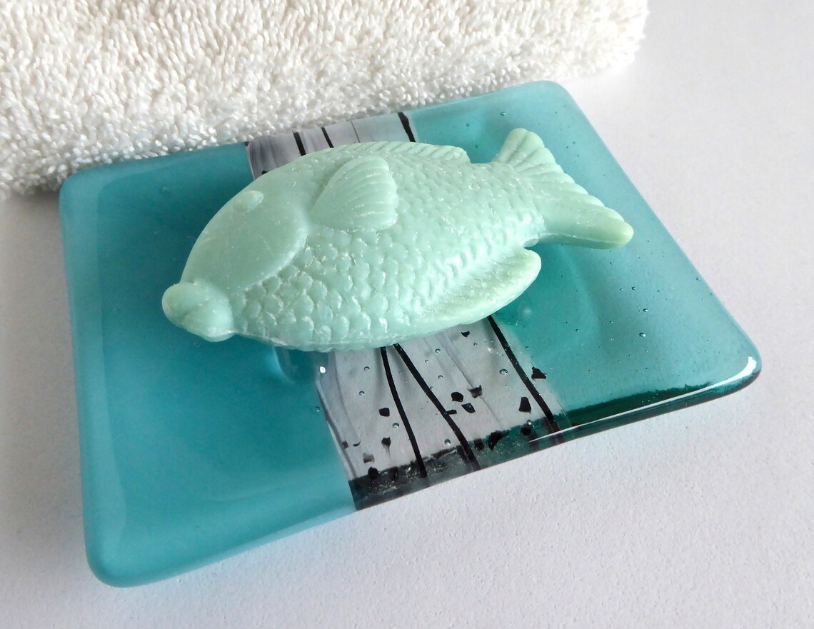 Fused Glass Soap Dish in Aqua and Turquoise by Bprdesigns Etsy
