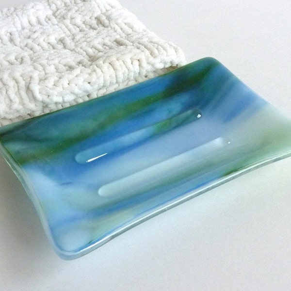 Soap Dish in Streaky Blue and Green Fused Glass