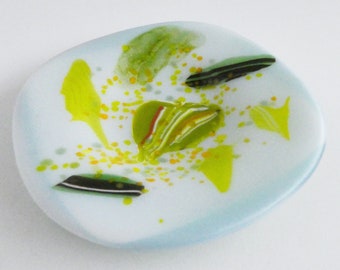 Fused Glass Dish in Shades of White, Green and Yellow by BPR Designs