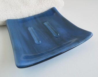 Square Soap Dish in Blue and Gray Streaky Fused Glass by BPRDesigns