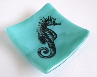 Blue Green Fused Glass Sea Horse Dish by BPRDesigns