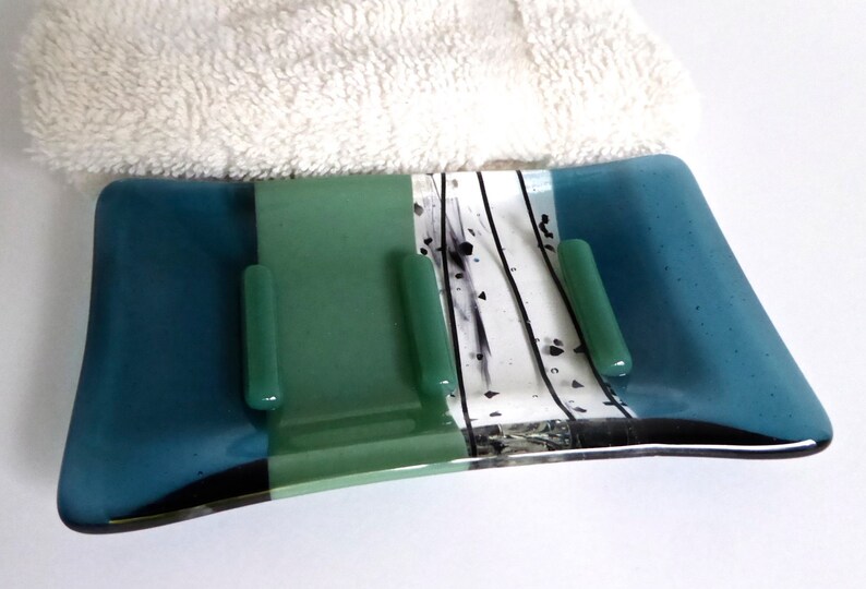 Sea Blue and Mineral Green Fused Glass Soap Dish by BPRDesigns image 2