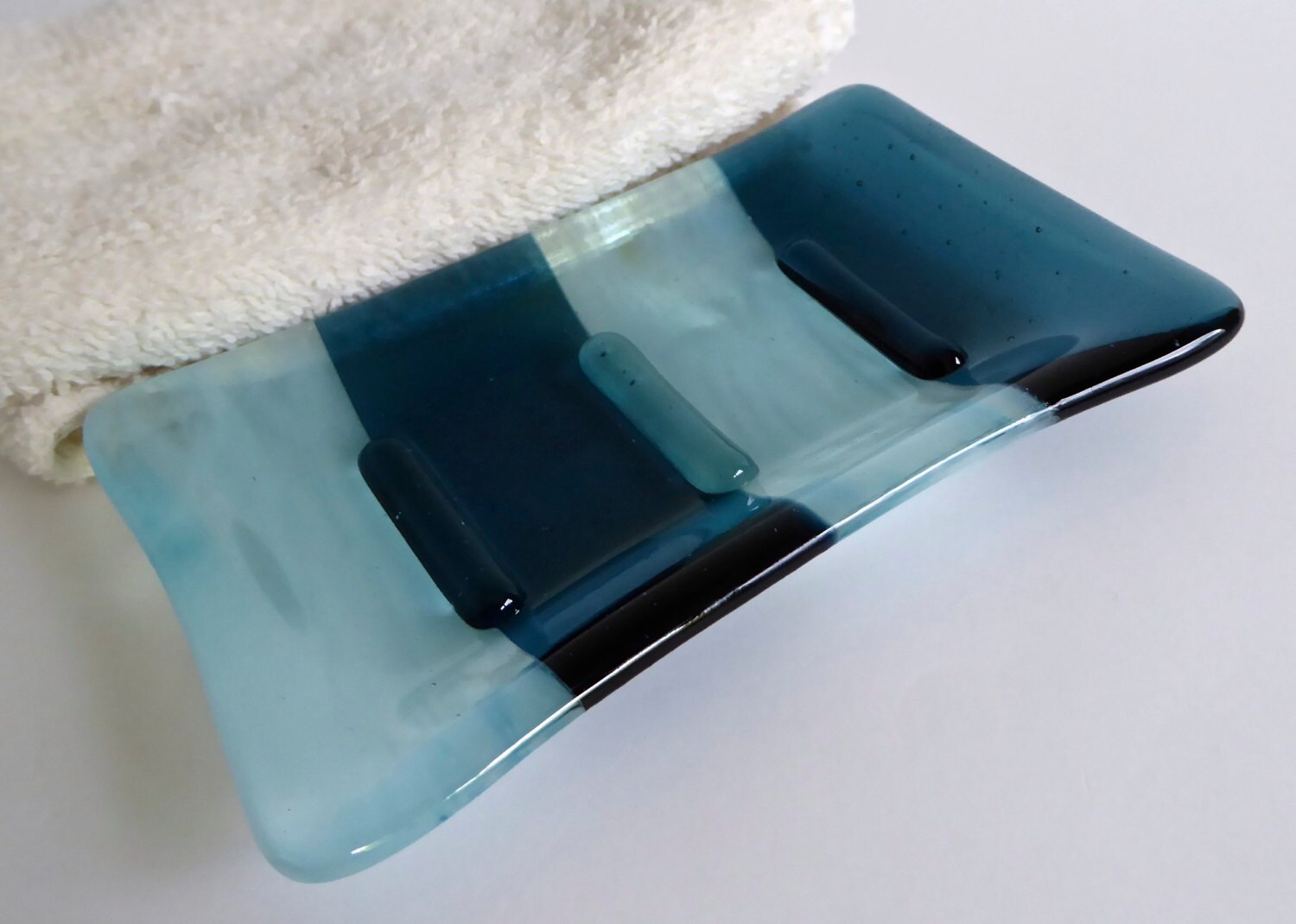 Fused Glass Soap Dish in Streaky Aqua and Dark Aquamarine by Etsy