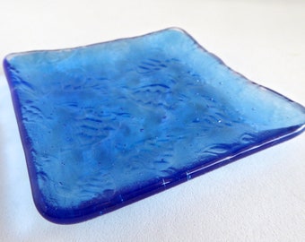 Blue Fused Glass Turtle Imprint Square Plate by BPRDesigns