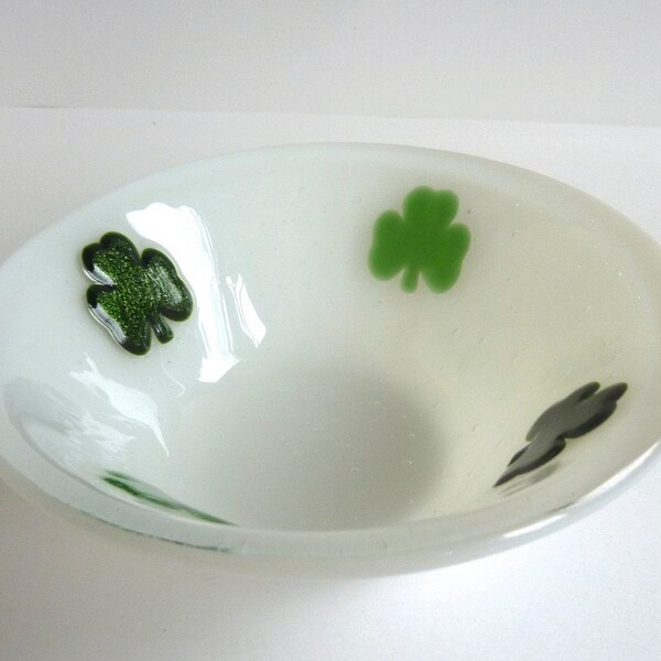 Fused Glass Bowl or Candy Dish in White with Green Shamrocks