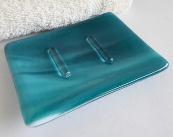 Streaky Peacock Blue Fused Glass Soap Dish by BPRDesigns