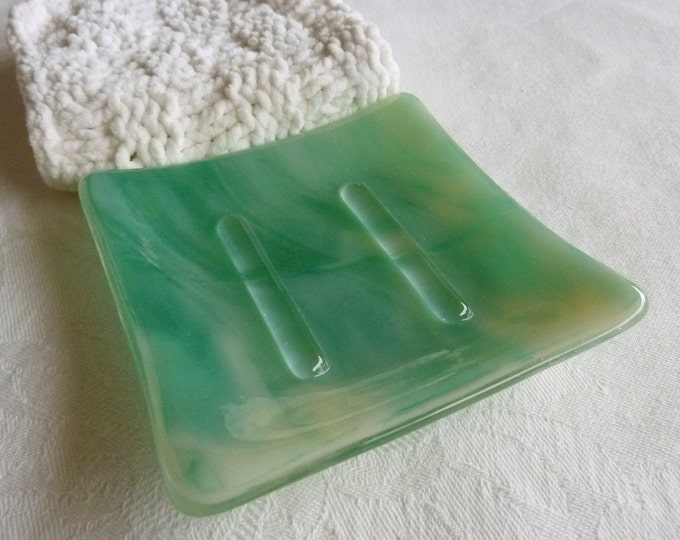 Square Soap Dish in Green and Cream Streaky Glass Etsy