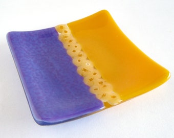 Fused Glass Murrini Plate in Purple and Sunflower Yellow by BPRDesigns