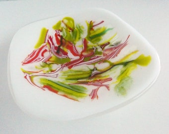 Fused Glass Dish in White, Red and Greens by BPR Designs