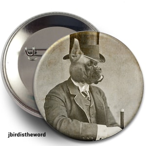 May include: A vintage-style photo of a dog wearing a top hat and suit, holding a cane. The photo is in black and white and has a faded, antique look.