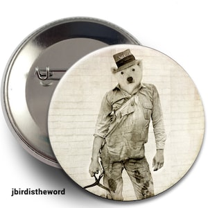 May include: A vintage-style button featuring a polar bear wearing a hat and overalls, holding a pair of pruning shears. The background is a faded brick wall.