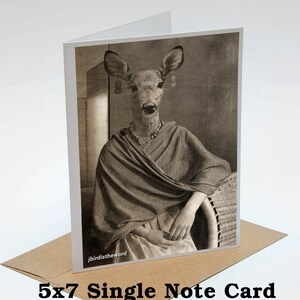 Peut inclure: Carte de correspondance 5x7 avec une image sépia d'une figure de cerf portant un châle et des bijoux. La carte est posée sur une enveloppe marron. Le texte "jbirdistheword" est visible.