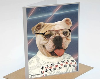 Bulldog Cards, Hipster Idea, 80s Lasers, Reddit Tumblr, 1980 Retro, Throwback Style, Vintage Style, Gifts for Aunts, Funny Thank You, Puppy