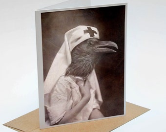 Medical Student Gift, Nursing Graduation, Black Crow Card, Blank Note Card, Magpie Lover, Unique Raven, Creepy Cute Art, Corvid Nurse, Weird