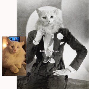 May include: A white cat with a fluffy coat is wearing a tuxedo and a white flower on the lapel. The cat is sitting with one hand on its hip and the other hand holding the lapel of the jacket. The cat is looking directly at the camera. The background is a light gray.