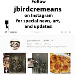 May include: Instagram profile page for jbirdcremeans, showing 102 posts, 321 followers, and 745 following. The profile picture is a cat wearing a space helmet. The page also includes links to the artist's Etsy and website.