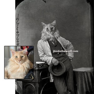 May include: A black and white photo of a cat wearing a suit and hat. The cat is leaning against a table with a hat in hand. The cat's head is superimposed on the body of a person in the photo. The text "jbird istheword.com" is visible in the image.