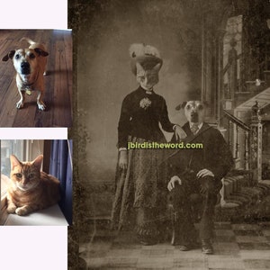 Op de afbeelding: Een vintage sepia-kleurige foto van een kat en een hond gekleed in formele kleding. De kat draagt een hoed en een jurk, terwijl de hond een pak en stropdas draagt. De afbeelding is van de website jbirdistheword.com.
