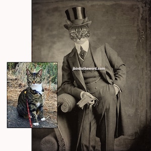 May include: A tabby cat wearing a top hat and a suit, with a cane in hand. The cat is sitting on a chair with a striped pattern. The background is a vintage-style photo.