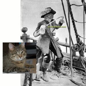 May include: A tabby cat dressed as a pirate captain with a sword and a hat, standing on a ship's deck with ropes and a cannon in the background. The cat is looking to the right and has a serious expression on its face. The image is in black and white.