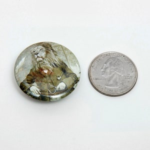 May include: A round button featuring a white lion in a suit, holding a pocket watch. The lion is seated in a chair. The button is approximately the size of a UK 20 pence coin.
