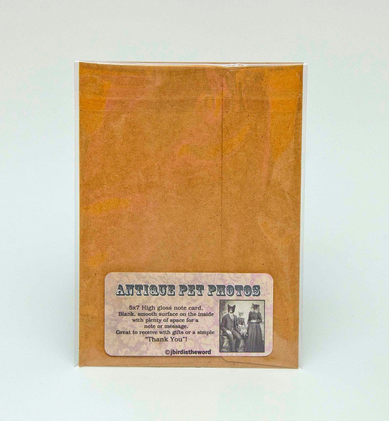 May include: A brown paper envelope with a white label that says "Antique Pet Photos" and has a picture of two cats dressed in clothing. The label also says "5x7 High gloss note card. Blank, smooth surface on the inside with plenty of space for a note or message. Great to receive with gifts or a simple "Thank You!" &copy;jbirdistheword"