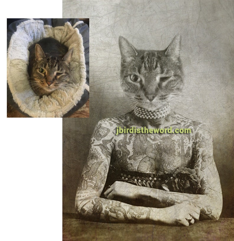 May include: A vintage-style portrait of a cat with a human body. The cat is wearing a pearl necklace and has tattoos on its arms. The image has a textured, faded look, giving it a vintage feel. The text "jbird istheword.com" is at the bottom of the image.