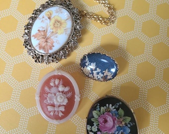 Set of Four Floral Brooches | Pins |  Oval Shaped with Flower Designs | Perfect for Coastal Grandmother Style