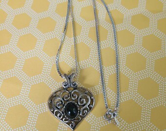Vintage Monet Silver Colored Necklace with Filigree Heart Charm and Black Stone Bead