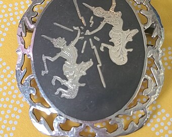 Vintage Pin Made in Siam | Silver Tone with Black Colored Center | two dancers