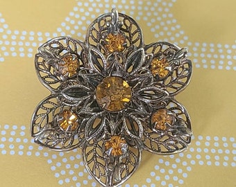 Vintage Amber and Bronze Tone Colored Flower Brooch Pin | Floral Sunshine | Filigree | Sunflower | Sun