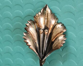 Sterling leaf floral botanical pin brooch, large flower petal design, marked