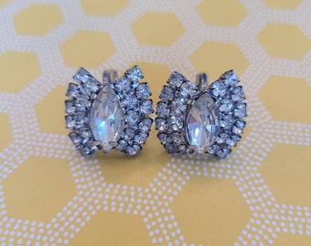 Vintage Clip On Earrings | Large Multistone Clear Faux Diamond | Sparkle Glam Glitz Evening Formal Hollywood