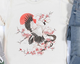 Japanese Crane Bird Shirt, Heron Shirt, Japanese Bird Shirt, Retro Birdwatching Shirt, Bird Lover Tee, Sea Bird T-Shirt, Vintage Graphic Tee