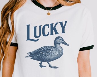 Lucky Duck Ringer Tee: Retro Bird Lover Shirt