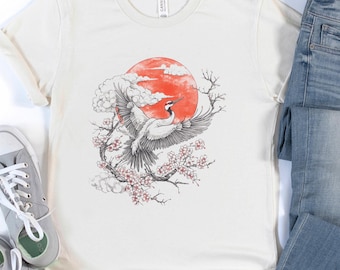 Japanese Crane T-Shirt: Sakura Cherry Blossom Bird Graphic Tee