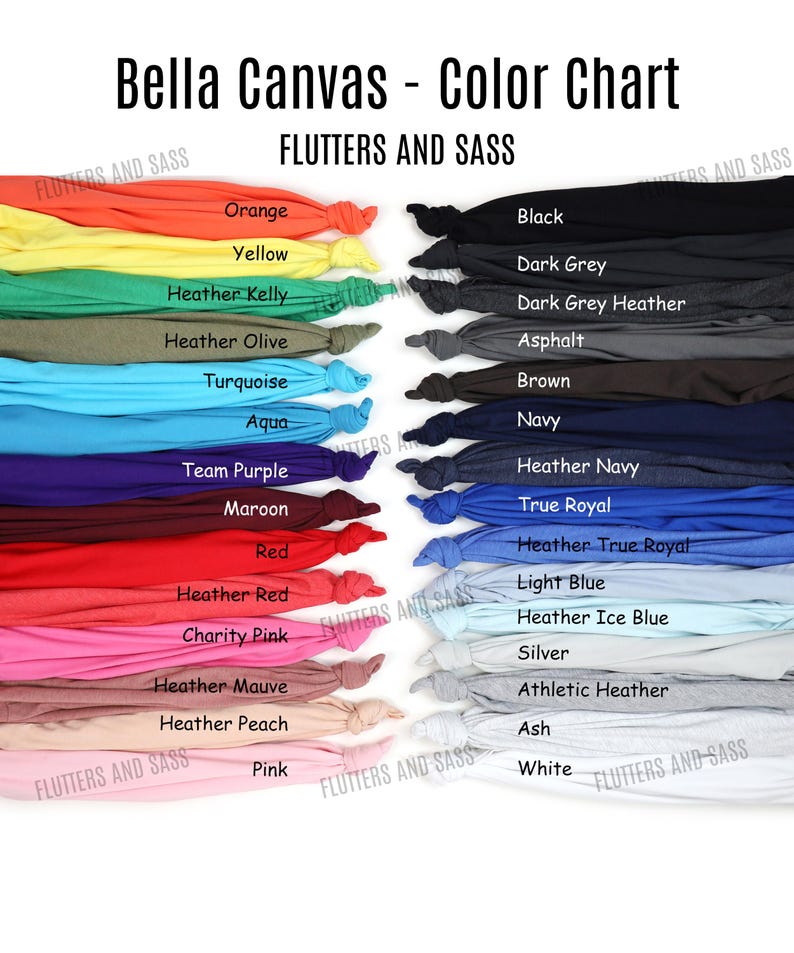 May include: Color chart showing Bella Canvas t-shirt colors.  The chart includes 20 different colors, including orange, yellow, turquoise, maroon, red, pink, black, dark grey, asphalt, brown, navy, true royal, light blue, silver, athletic heather, ash, and white.