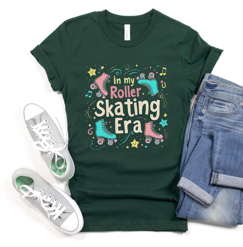 May include: A dark green t-shirt with a graphic design of roller skates and the text "In my roller skating era".