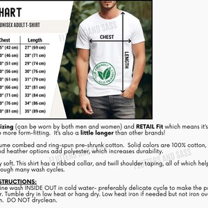 May include: Size chart for a unisex adult t-shirt. The chart shows chest and length measurements in inches and centimeters for sizes XS to 5XL. The chart also includes information about the shirt's fabric and care instructions.