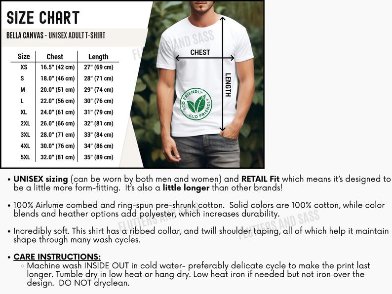 May include: Size chart for a unisex adult t-shirt. The chart shows chest and length measurements in inches and centimeters for sizes XS to 5XL. The chart also includes information about the shirt's fabric and care instructions.