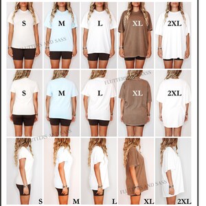 May include: Size guide for Comfort Colors 1717 unisex t-shirts. The guide shows models wearing different sizes, from S to 2XL, in various fits: fitted, regular, relaxed, loose, and oversized. The model's height is 5'8", weight 145 lbs, chest 37", waist 32", and hips 42".