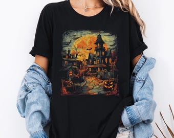 Vintage Haunted House Graphic Tee - Spooky Halloween Shirt