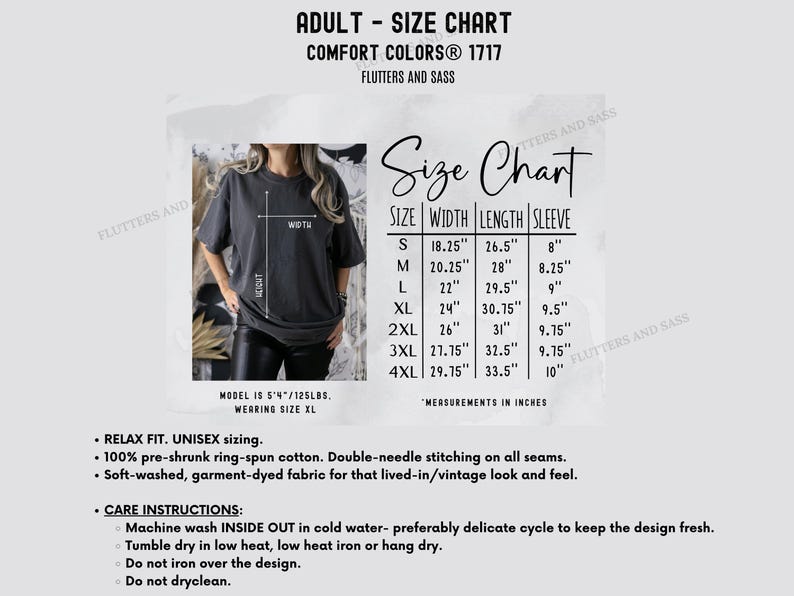 May include: Size chart for Comfort Colors 1717 t-shirts. The chart includes measurements in inches for width, length, and sleeve length, ranging from size S to 4XL. The image also shows a model wearing an XL shirt.
