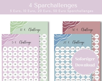 Sparchallenge Bundle | Digitaler Sparplan zum Ausdrucken | 5, 10, 20, 50 Euro PDF Budget Vorlage für Cash Stuffing und Sparziele