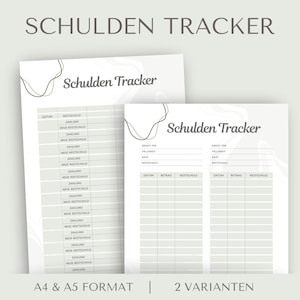 Könnte beinhalten: Zwei weiße Papierbögen mit einem Schulden Tracker Layout, grauen Tabellen, Überschriften und abstrakten Linien. Der Text umfasst Schulden Tracker, Datum, Restschuld, Zahlung, Neue Restschuld, Kredit für, Fälligkeit, Rate, Betrag, A4 & A5 Format und 2 Varianten.