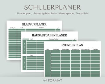 Printable student planner | A4 format | Green homework planner, timetable, study planner, printable school planner, school organization