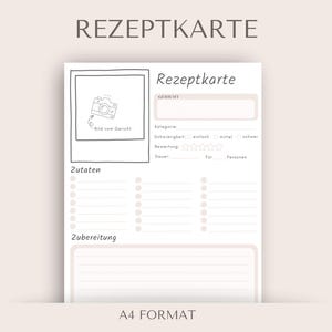 Könnte beinhalten: Eine weiße A4 Rezeptkarte mit der Überschrift REZEPTKARTE. Das Layout enthält einen quadratischen Fotorahmen mit Kamerasymbol sowie Felder für Gericht, Kategorie, Schwierigkeit, Bewertung, Dauer, Personen, Zutaten und die Zubereitung.