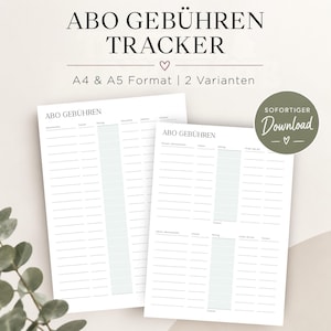 Abo Gebühren Tracker | Abonnements Kosten Übersicht | Abo Kosten Tracker zum Ausdrucken | Abo Gebühren Planer im A4 + A5 Format