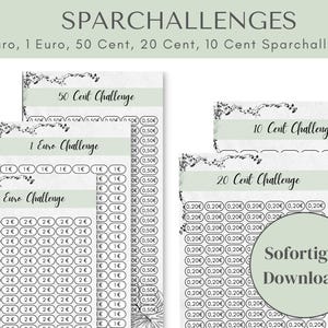 Könnte beinhalten: Ein Set aus fünf druckbaren Spar-Challenge-Blättern mit einem salbeigrünen Kopfbereich und schwarzen floralen Akzenten. Jedes Blatt enthält Reihen ovaler Symbole, die mit Währungsbeträgen für 2 Euro, 1 Euro, 50 Cent, 20 Cent und 10 Cent beschriftet sind.